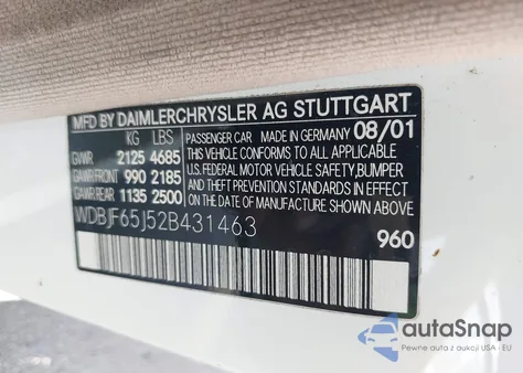 2002 Mercedes-Benz E 320 Special Edition z USA, uszkodzony, nr VIN WDBJF65J52B431463